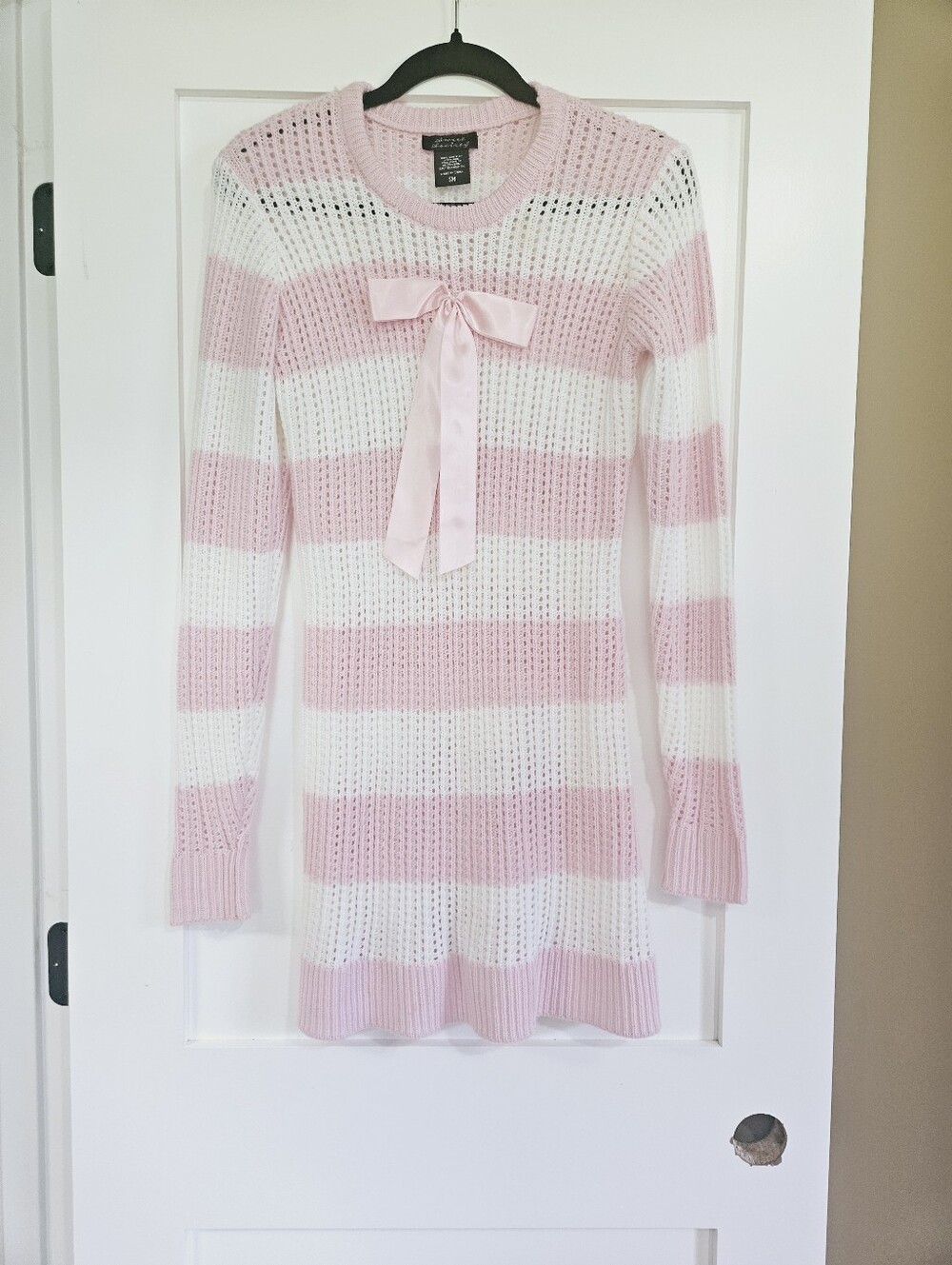 Hot Topic -Sweet Society Pink & White Striped Crochet Sweater Dress w/ Satin Bow